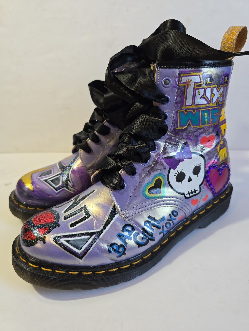Dr Marten Custom Purple Graffiti Skull Combat Boots Size 10
